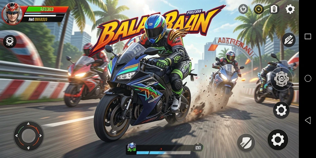 Screenshot utama gameplay RATU303 menampilkan aksi balap motor yang mendebarkan.
